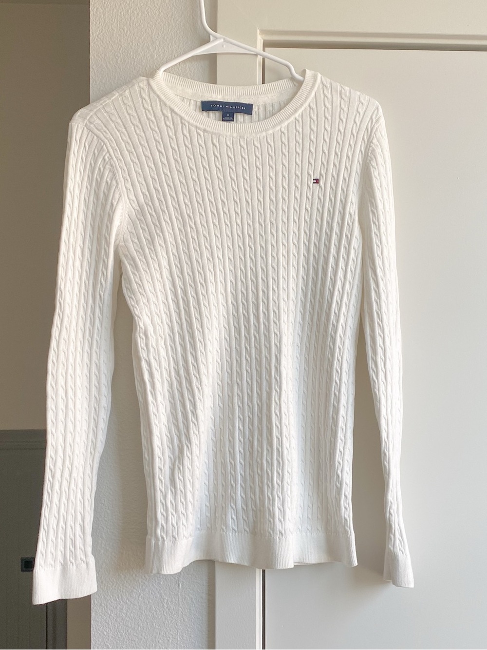 Tommy Hilfiger White Cable Knitting Sweater Size M old money equestrian preppy